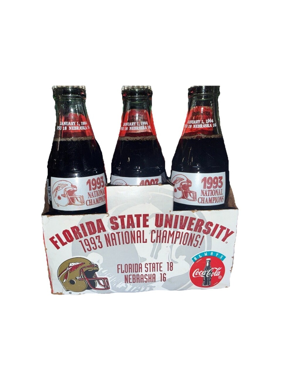 1993 FSU National Champions Coca Cola 3 Bottle Set w/ Carrier Florida State
